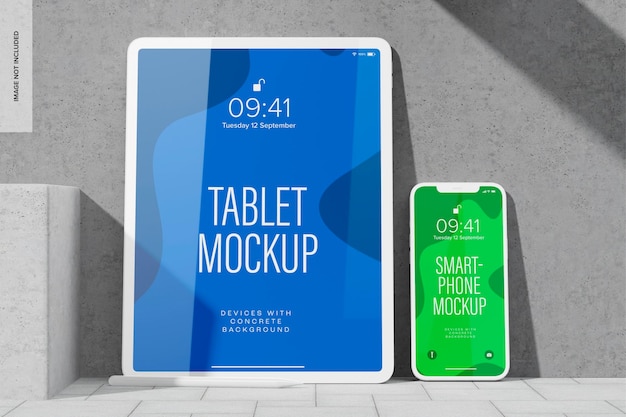 Tablet and Smartphone with Concrete Background Mockup, Leaned