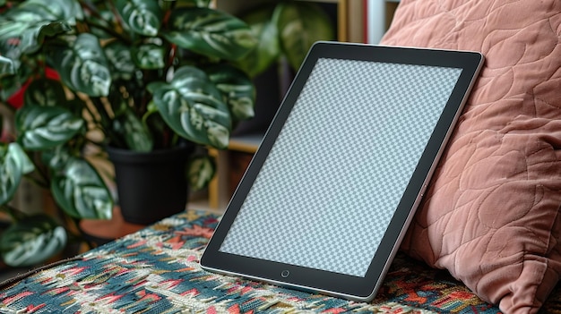 a tablet with a screen that says quot no one is sitting on a couch quot