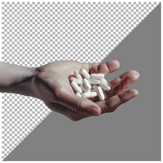 PSD tablets and capsules on human hand transparent background