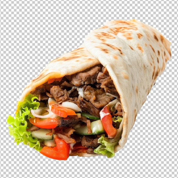 A taco with meat and vegetables on a transparent background