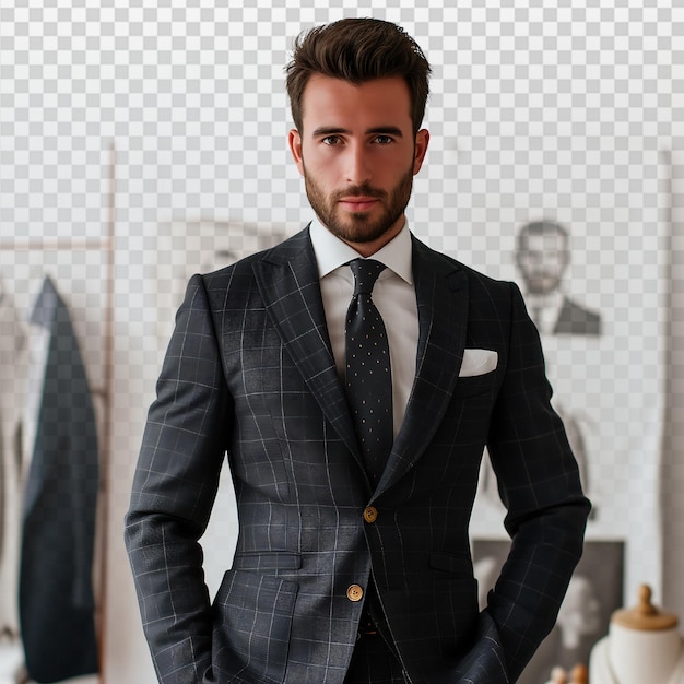 PSD tailor in modern studio with light white suit