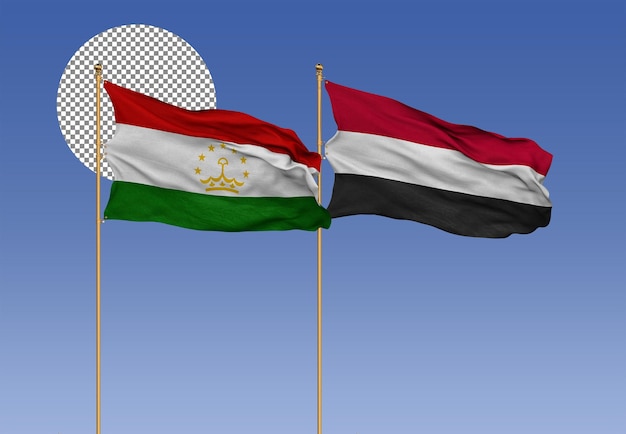 Tajikistan and Yemen Wavy Flags Together Bilateral Relations 3D Rendering