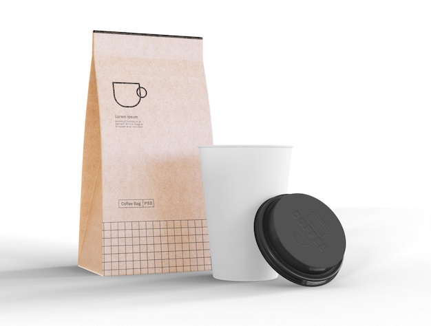 PSD take away coffee cup and paper bag mockup