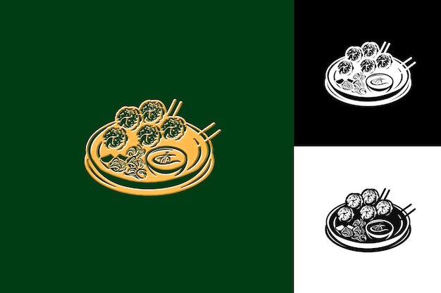 PSD takoyaki food icon with a plate of small and round balls mad flat illustration food vector design