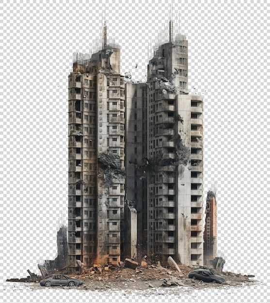 Tall buildings postapocalyptic destroyed on transparent background