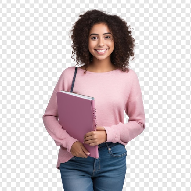 Tall dark female student holding a pink laptop on transparency background PSD