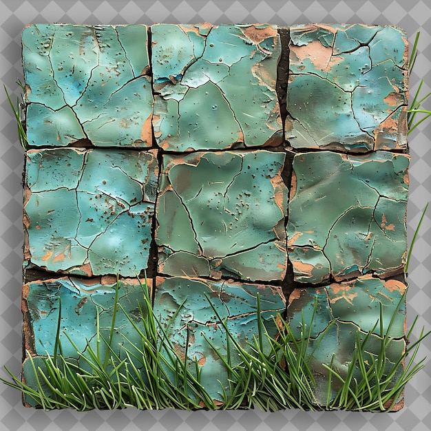 PSD tall fescue rebel with terracotta and blue pottery shards an png green texture background