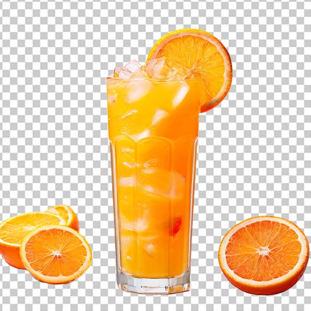 Tall glass of orange juice with fresh oranges