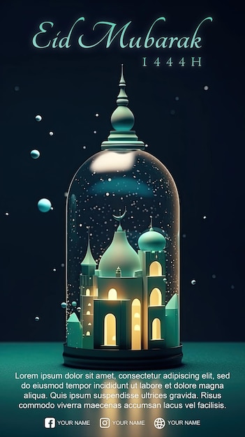 PSD tamplate eid mubarak poster with mosque in bottle psd