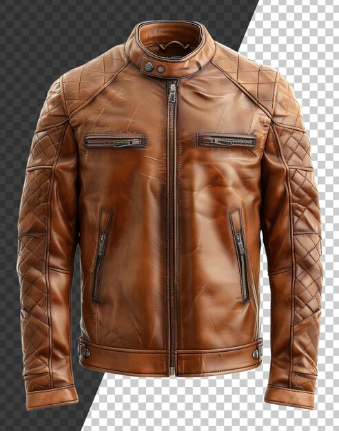 Tan leather motorcycle jacket with zipper details on transparent background stock png