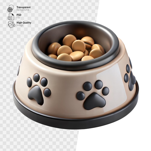 PSD tan plastic dog food bowl with paw print design filled with kibble