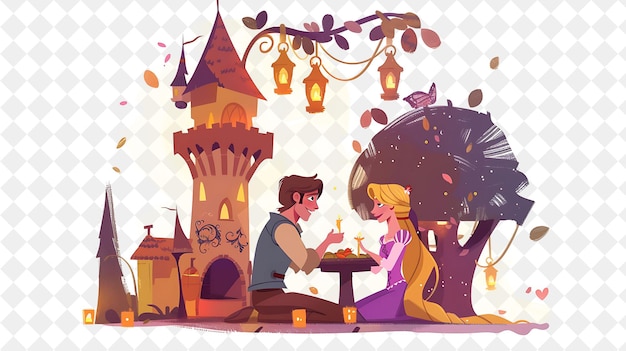 PSD tangled tower with rapunzel and flynn rider having a romanti people life style flat illustration