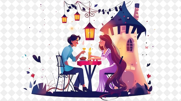 PSD tangled tower with rapunzel and flynn rider having a romanti people life style flat illustration