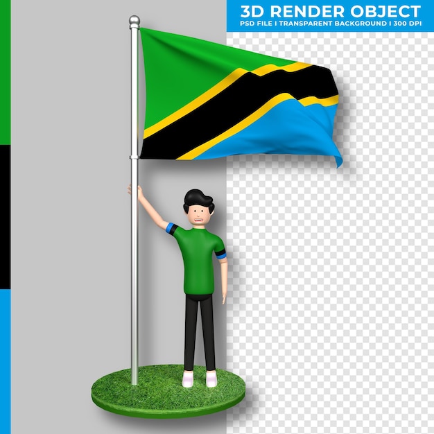 PSD tanzania flag with cute people cartoon character. independence day. 3d rendering.