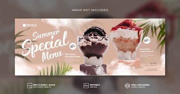 Taro and Strawberry ice cream menu promotion social media facebook cover banner PSD template