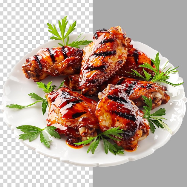 PSD tasty barbecue chicken wings on a plate png isolated on transparent background