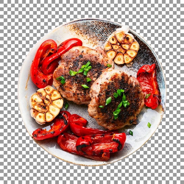 Tasty beef steak and vegetables on transparent background