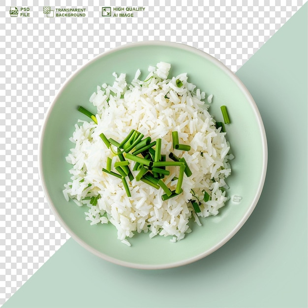 Tasty boiled rice with green beans inside little plate on transparent background