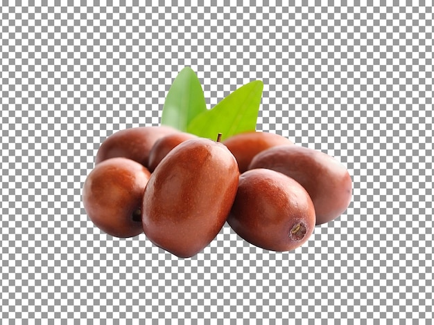 Tasty bunch of ripe dates with green leaves on transparent background