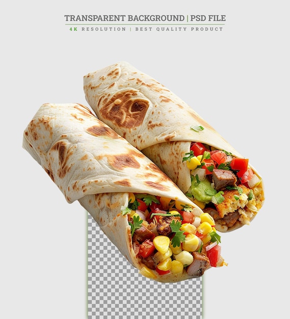 Tasty burrito with meat on white background