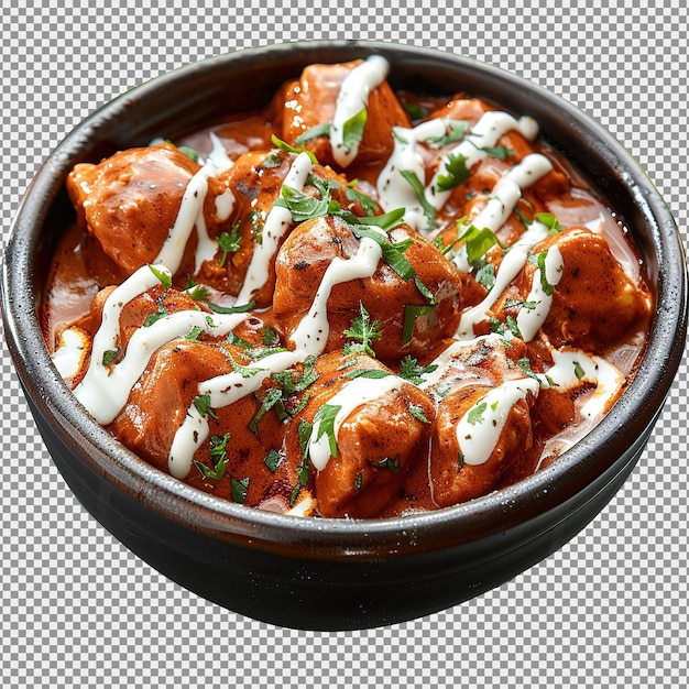 Tasty butter chicken with cream on top curry dish from Indian cuisine isolated on white background