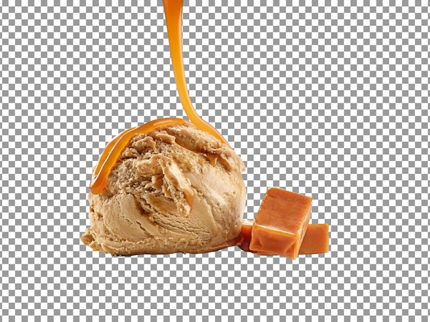 Tasty caramel ice cream with caramel sauce and candies on transparent background