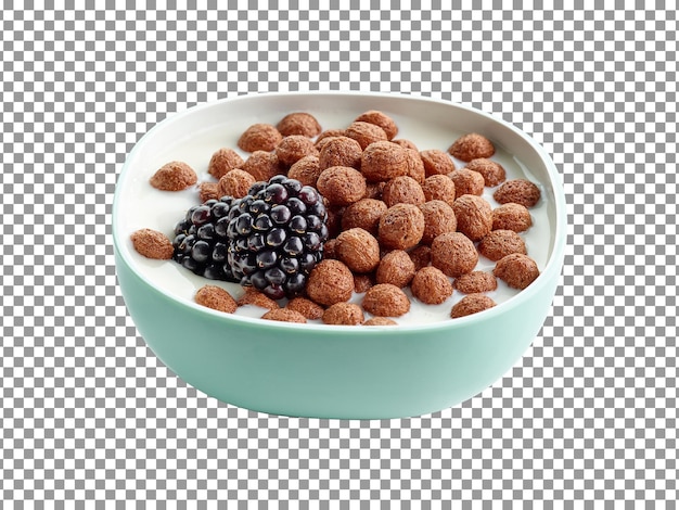 Tasty cereal balls with milk and blackberry in a bowl isolated on transparent background