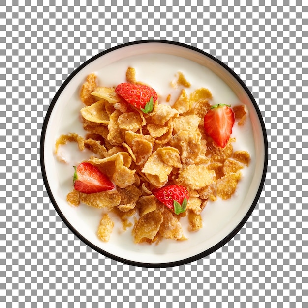 Tasty cereal with milk and strawberry slices in a bowl with transparent background