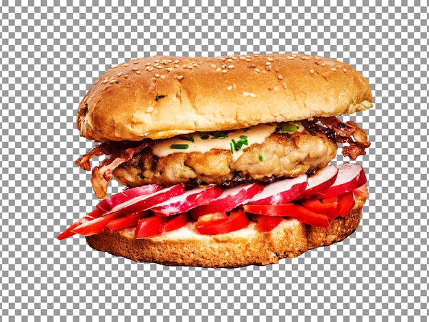 Tasty chicken burger with red onions isolated on transparent background