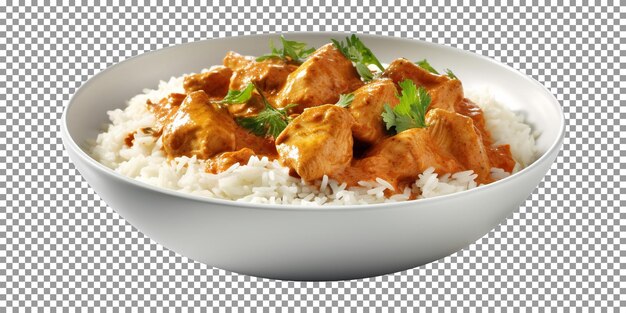 PSD tasty chicken curry bowl with rice isolated on transparent background