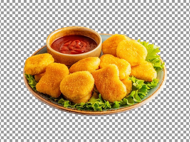 Tasty chicken nuggets with sauce cup on a plate with transparent background