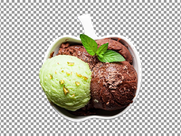 Tasty chocolate and pistachio ice cream scoop in a bowl with transparent background