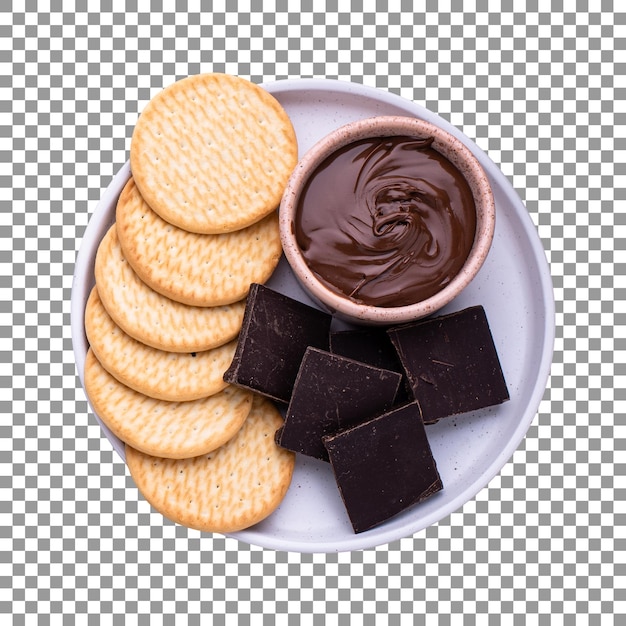 Tasty cookies with chocolate pieces and sauce isolated on transparent background