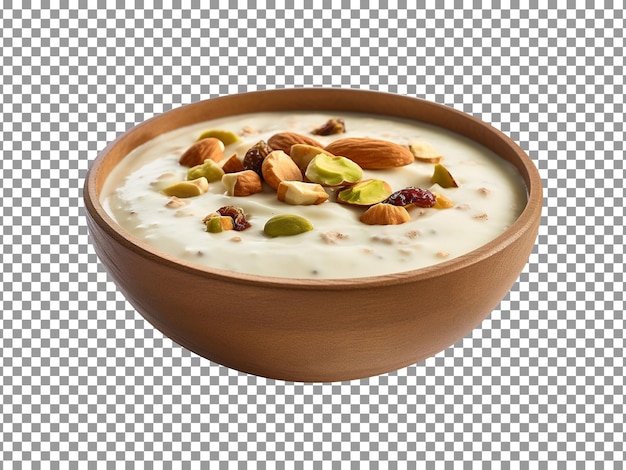 Tasty creamy kheer with different nuts and raisins on transparent background