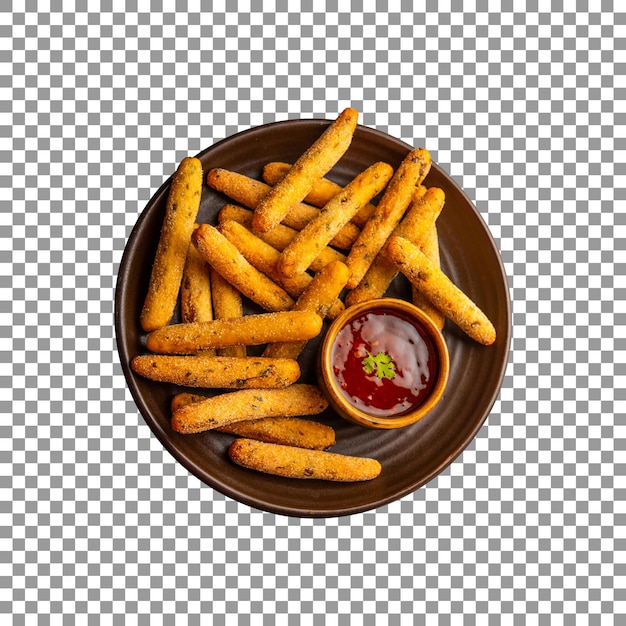 Tasty crispy fried potato fries with a cup of ketchup on plate with transparent background