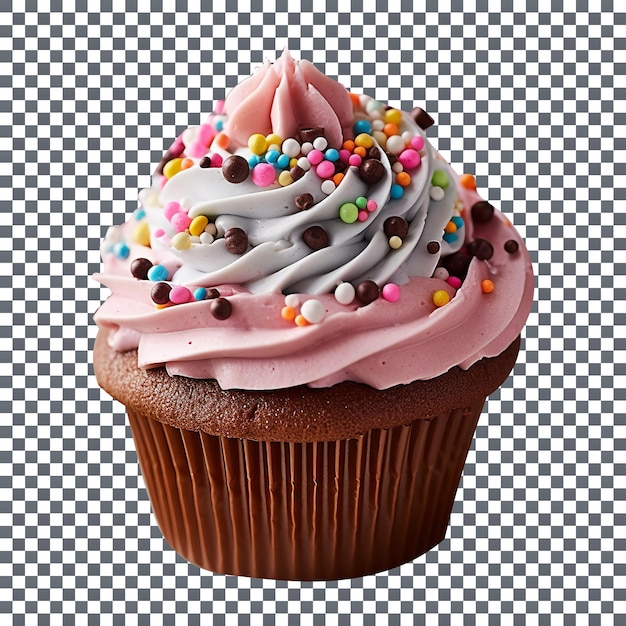 Tasty cupcake with sprinkles and pink frosting isolated on transparent background