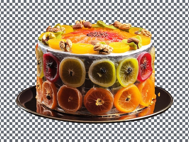 Tasty decorated dry fruits cake side view isolated on transparent background