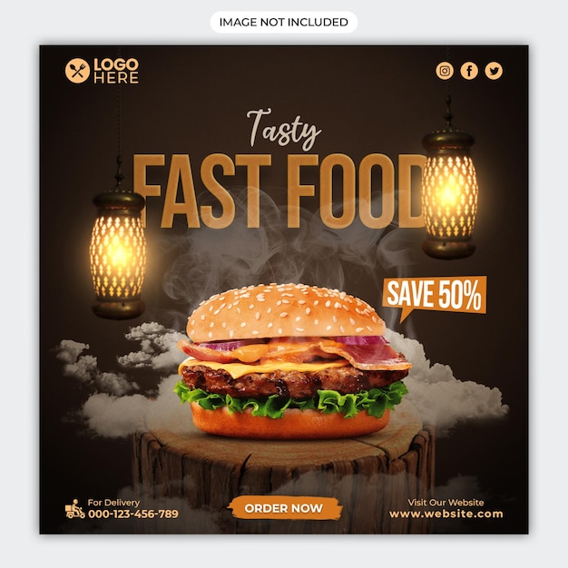 Tasty fast food social media promotion square banner template