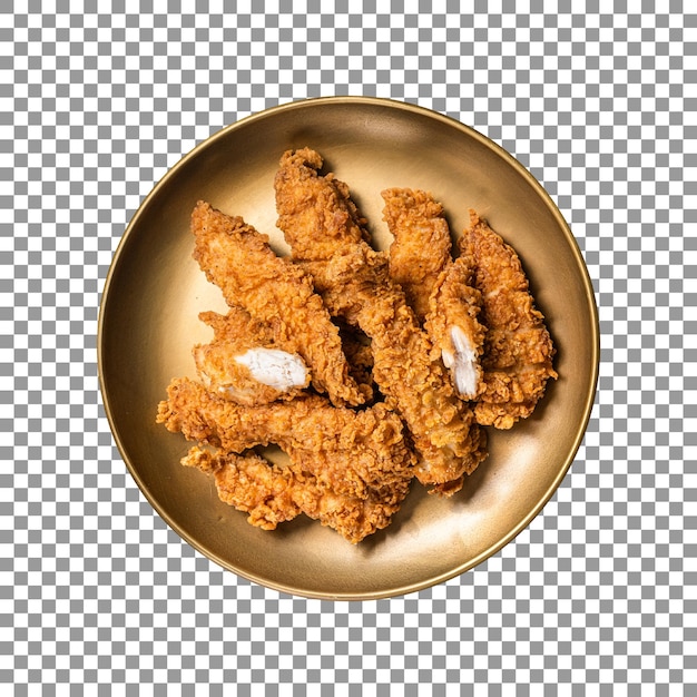 Tasty fried chicken strips with bronze plate isolated on transparent background