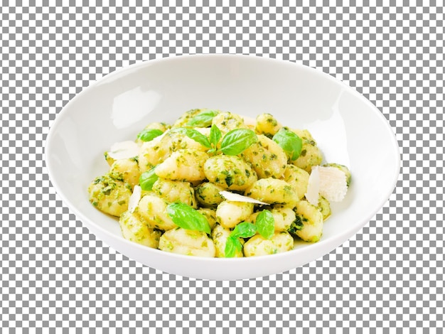 Tasty gnocchi with pesto sauce in a plate with transparent background