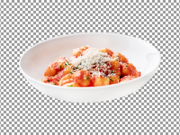 Tasty gnocchi with tomato sauce and parmigiano in a plate with transparent background