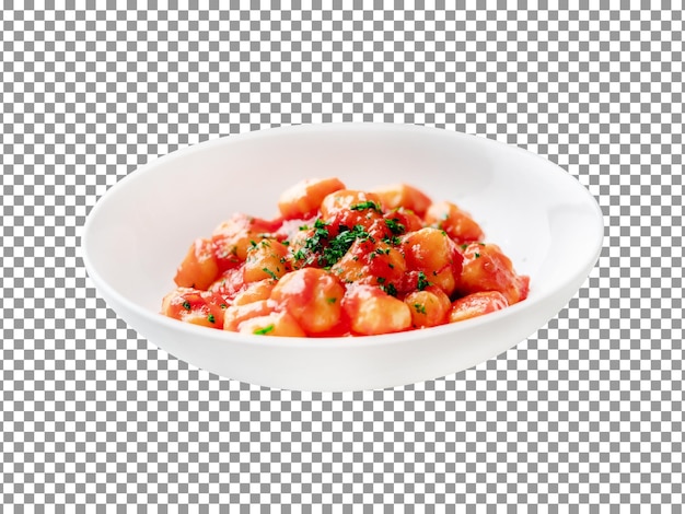 Tasty gnocchi with tomato sauce in a plate with transparent background