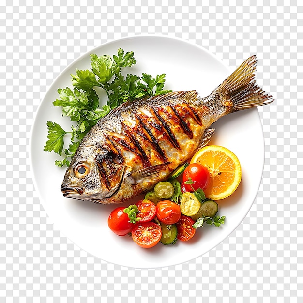 Tasty grilled tilapia fish and fresh vegetables isolated on a clean transparent background