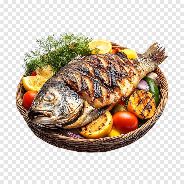 Tasty grilled tilapia fish with mixed vegetables isolated on a transparent background