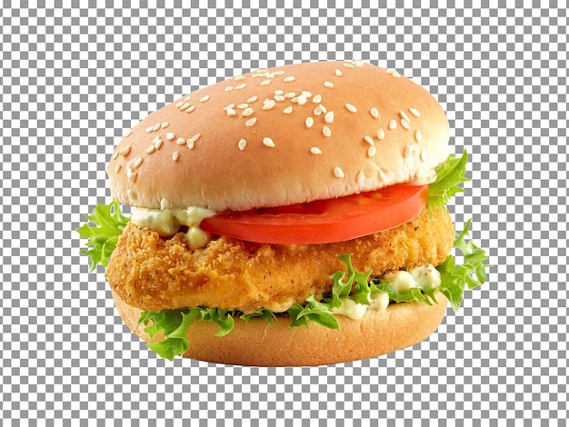 Tasty hamburger with a tomato and chicken patty on transparent background