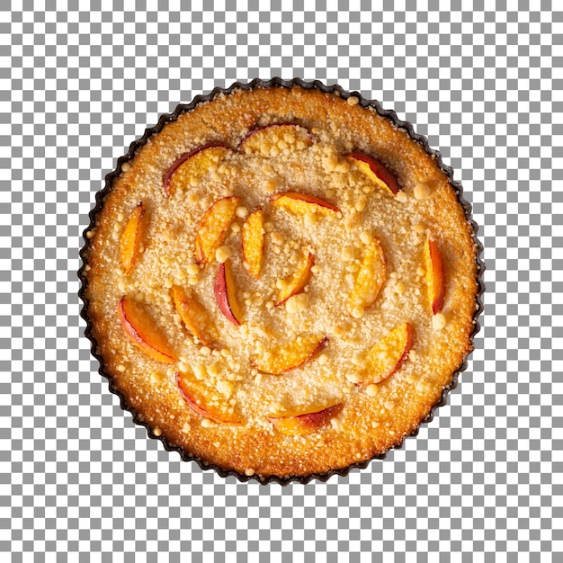 Tasty homemade tart in a bowl with peach slices on transparent background