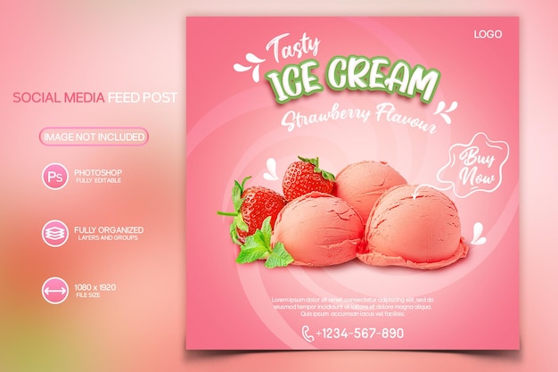 Tasty ice cream strawberry flavor social media post design