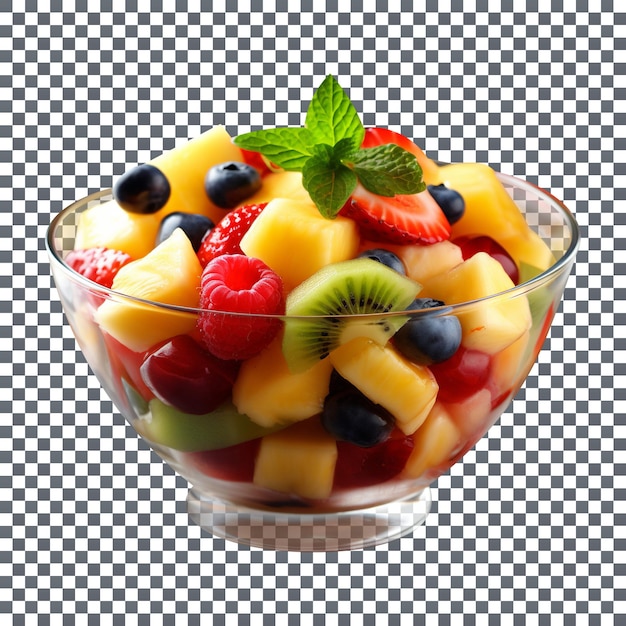 Tasty mix fruit salad in glass bowl isolated on transparent background