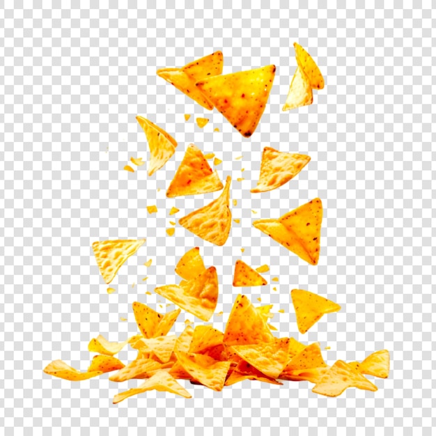 PSD tasty nacho or tortilla chips falling on a transparent background