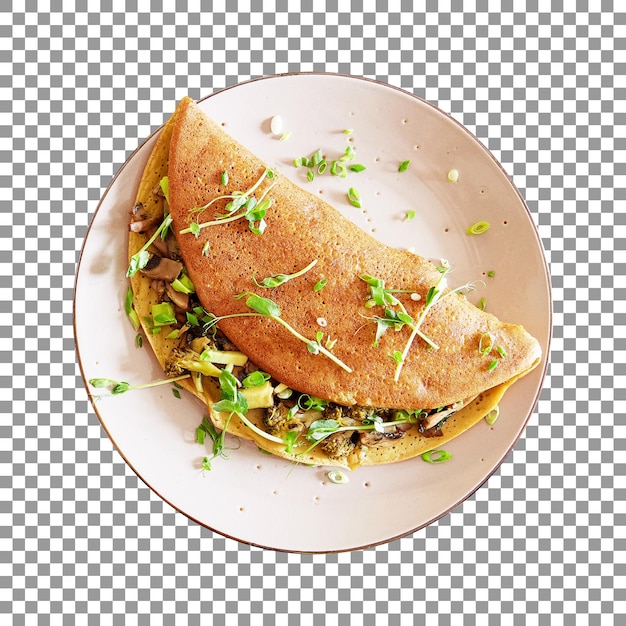 Tasty pancakes filled with mushroom pea sprouts on plate with transparent background